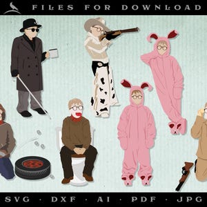 May include: A set of ten digital cut files featuring various characters from the movie 'Christmas Vacation'. The characters include Clark Griswold, Cousin Eddie, and the family dog. The files are in SVG, DXF, AI, PDF, and JPG formats.
