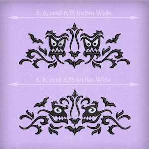 May include: Two black embroidery designs featuring a pair of stylized faces with fangs and eyes, surrounded by bats and floral patterns. The designs are 5, 6, and 6.75 inches wide. The text "THE TELLTALE MOON DESIGNS" is at the top of the image. The text "DST, PES, JEF, VIP, XXX, HUS, EXP" is at the bottom of the image.