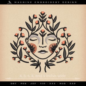 May include: Machine embroidery design of a stylized face encircled by black leaves and peach-coloured flowers. The design includes the text "4, 5, 6, 8, and 9 inches wide" (10.16, 12.7, 15.24, 20.32, and 22.86 cm).
