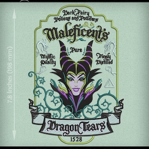May include: An embroidered design featuring Maleficent's face, with text reading "Dark Fairy Potions and Powders" and "Dragon Tears." The design is approximately 19.8 cm tall, with a light green background and black, purple, and green accents.