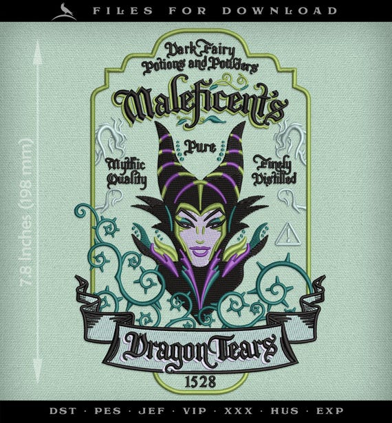 Dark Fairy “Dragon Tears” Embroidery Design – Mythic Potion Label – 7 to 8 Inches Tall – Digital Download