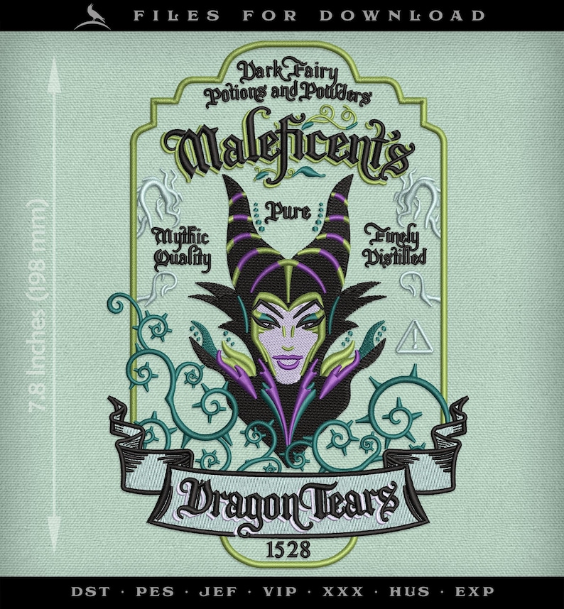 May include: An embroidered design featuring Maleficent's face, with text reading "Dark Fairy Potions and Powders" and "Dragon Tears." The design is approximately 7.8 inches (198 mm) tall, with a light green background and black, purple, and green accents.