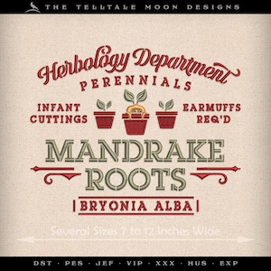 Puede incluir: Diseño bordado para un parche de raíces de mandrágora. El diseño presenta un esquema de color rojo y verde con el texto "Herbology Department Perennials" y "Mandrake Roots Bryonia Alba".