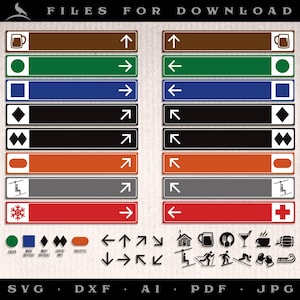 Könnte beinhalten: Ein Satz von 12 digitalen Dateien zum Download, mit verschiedenen Richtungsschildern mit unterschiedlichen Symbolen und Pfeilen. Die Schilder sind in Braun, Grün, Blau, Schwarz, Orange, Grau und Rot. Die Symbole umfassen ein Bierglas, einen Kreis, ein Quadrat, eine Raute, eine Doppelraute, einen durchgestrichenen Kreis, einen Blitz, eine Schneeflocke und ein Pluszeichen. Die Pfeile zeigen nach oben, unten, links und rechts. Der Text "FILES FOR DOWNLOAD" befindet sich oben im Bild. Der Text "SVG, DXF, AI, PDF, JPG" befindet sich unten im Bild.