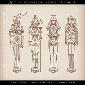 Puede incluir: Dibujo lineal de cuatro figuras de cascanueces, cada una con un uniforme y sombrero únicos. Las figuras miden aproximadamente 13 a 25 cm de altura. El texto "THE TELLTALE MOON DESIGNS" está en la parte superior. La imagen es en tonos marrones.