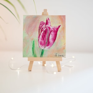 Tulip, mini canvas painting with mini easel, original artwork, decoration, unique, gift, acrylic painting, nature, colorful, 10 x 10 cm