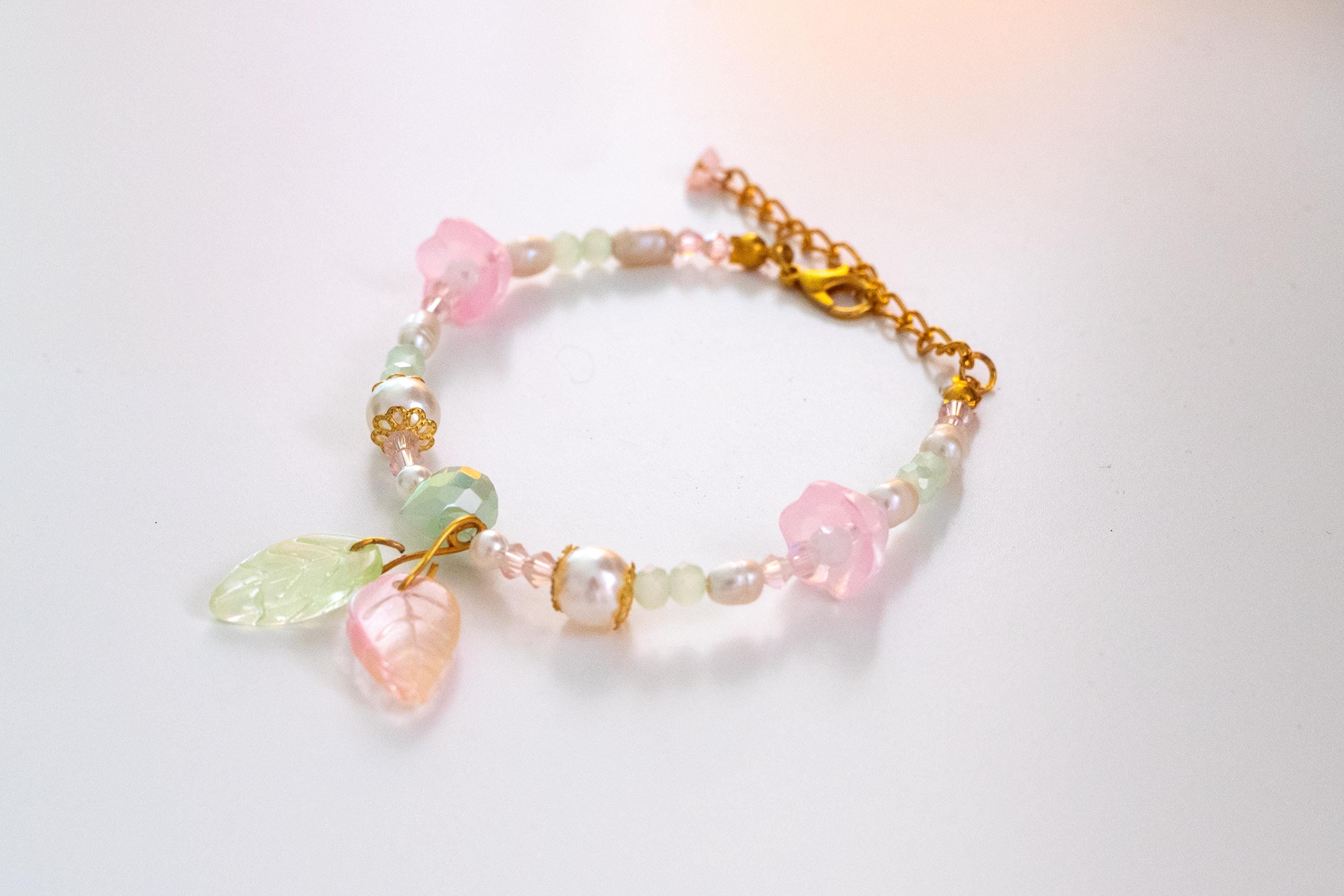 Fairy Bracelet in Fairycore Style, Flowers, Garden, Leaves, Delicate, Pearl Jewelry, Playful Bracelet with Snap Fastener in Gold, Pink, image size:3000x2000