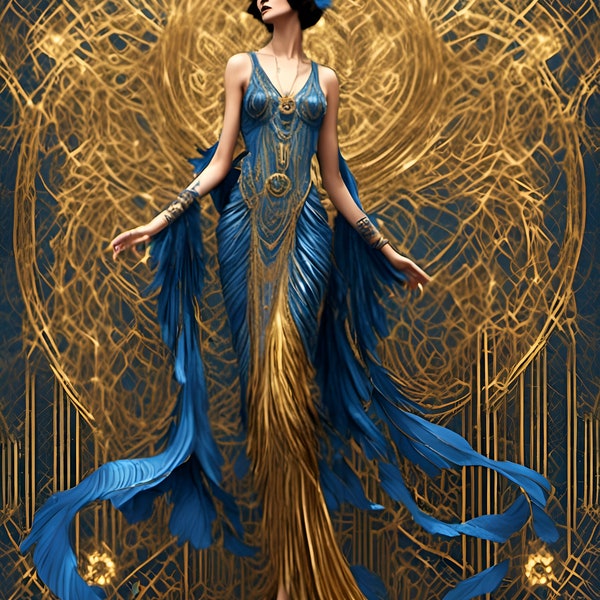 Blue and Gold Beautiful Art Deco Woman