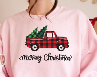 Buffalo Plaid Truck Sweatshirt, Christmas Truck Shirt, Christmas Sweatshirt, Holiday Sweater, Christmas Gift, Christmas Truck Shirt