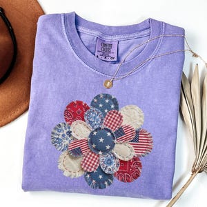 Patriotic Patchwork Flower Shirt | 4th of July Comfort Colors Tee | Quilted Flag Flower Top | Stars Stripes Daisy Shirt | Boho July 4th Tee