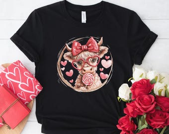 Cute Highland Cow Valentine Sweatshirt, Heart Glasses Coquette Heifer Gift for Her