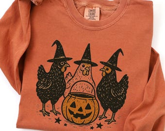 Moletom Galinhas Bruxas, Camiseta Engraçada de Galinha para o Halloween, Camiseta Galinha Balde de Abóbora, Camiseta Fazenda Halloween