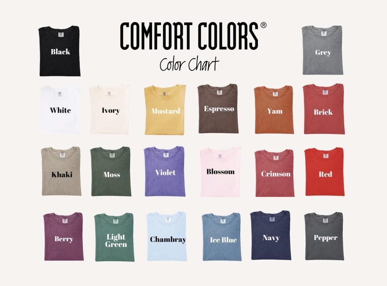 以下が含まれることがあります： さまざまな色のComfort Colors Tシャツを表示するカラーチャート。 黒、白、アイボリー、マスタード、エスプレッソ、ヤム、レンガ、グレー、カーキ、モス、バイオレット、ブロッサム、クリムゾン、レッド、ベリー、ライトグリーン、シャンブレー、アイスブルー、ネイビー、ペッパーなどの色が含まれています。