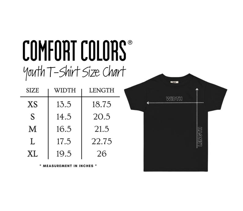 以下が含まれることがあります： 黒色のユースTシャツとサイズチャート。XSからXLまでのサイズが記載されており、幅と長さの測定値はインチです。上部にはComfort Colorsのロゴがあります。