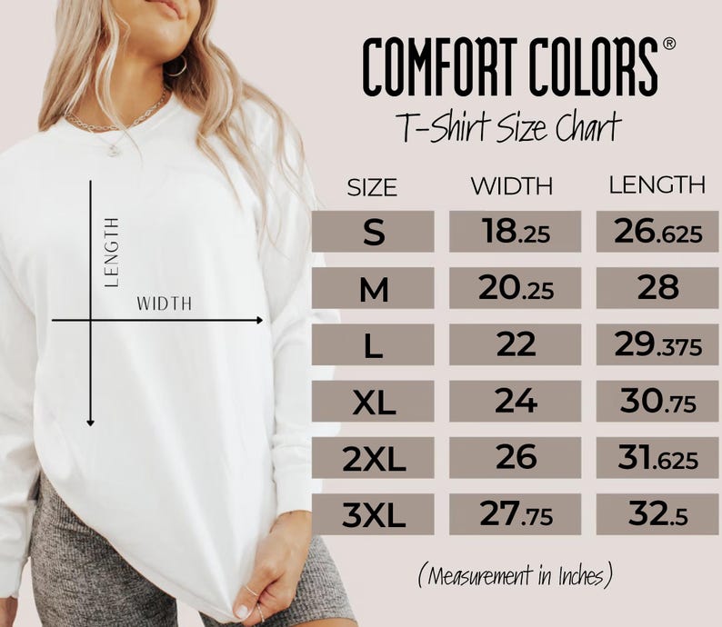 以下が含まれることがあります： 白の長袖シャツとComfort ColorsのTシャツサイズチャート。チャートにはSから3XLまでのサイズが表示され、幅と長さの測定値はインチです。「Measurement in Inches」というテキストが下にあります。