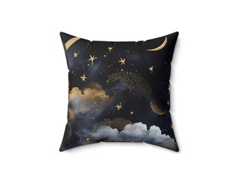 Celestial Spun Polyester Square Pillow and Pillow Case, Home Decor, Bedroom Accent Pillow, Livingroom Throw Pillow, Moon and Stars