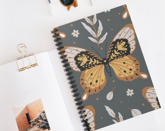 Boho Style Moth Patterned Spiral Notebook, Ruled pages, Journal, Diary, Purse Size, 6x8 Notebook, Mindfulness Journal, Memory Book