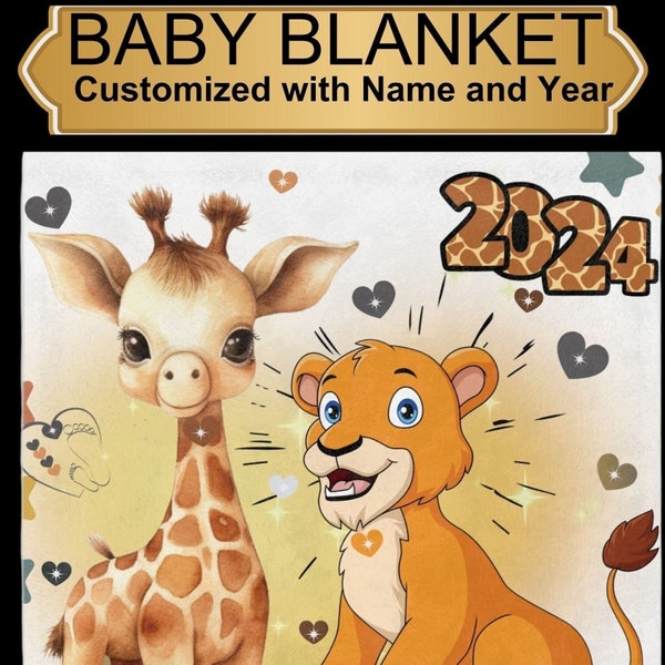 Custom Name Lightweight Blanket with Lion Giraffe Gift for Mom and Baby