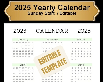 Modèle de calendrier 2025 modifiable avec début du dimanche, format lettre minimaliste