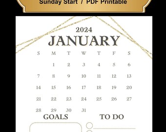 2024 Monthly Calendar, Gold Lines, Printable  2024, 12 Month Calendar, Letter Size, Calendar 12 months, PDF Download, Sunday Start