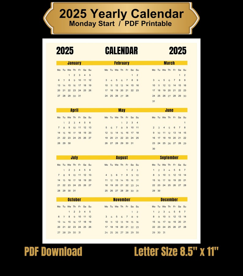 2025 Printable Calendar, Year Calendar 2025, One Page, Year at A Glance