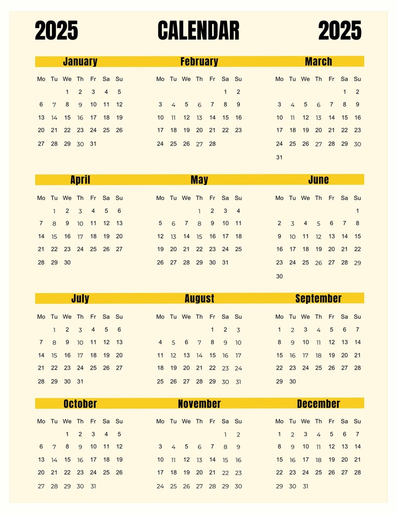 2025 Monday Start Printable Calendar, Year Calendar 2025, One Page, Year at A Glance, Letter