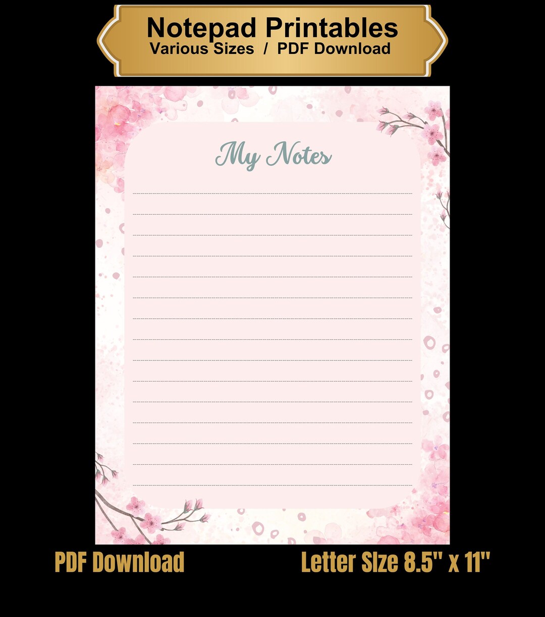 Lined Note Printable, Letter Size Notepad, PDF Download, Notes, Note Pad, Personalized Notepads