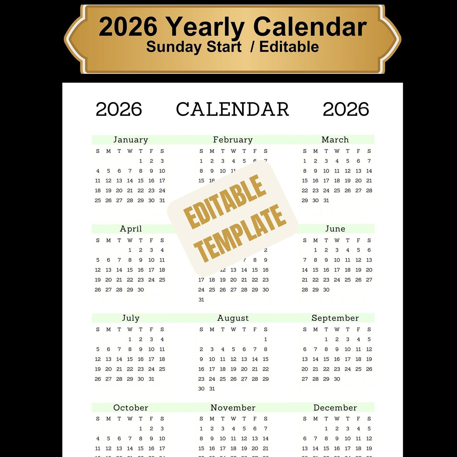 Editable 2026 Calendar With Sunday Start Minimalist Letter Size Editable 2026 Calendar With Sunday Start Minimalist Letter Size