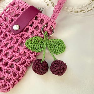 Crochet Cherry Keychain - Fruit Bag Charm, Summer Car Mirror Decor, Handmade Boho Pendant, Cute Gift for Her