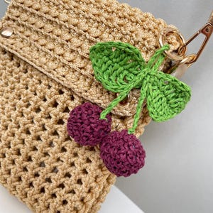 Crochet Cherry Keychain, Raffia Fruit Bag Charm, Handmade Cherry Pendant, Summer Purse Accessory, Boho Keyring, Eco Gift for Her