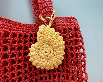 Handmade Raffia Crochet Seashell Bag Charm, Coastal Keychain