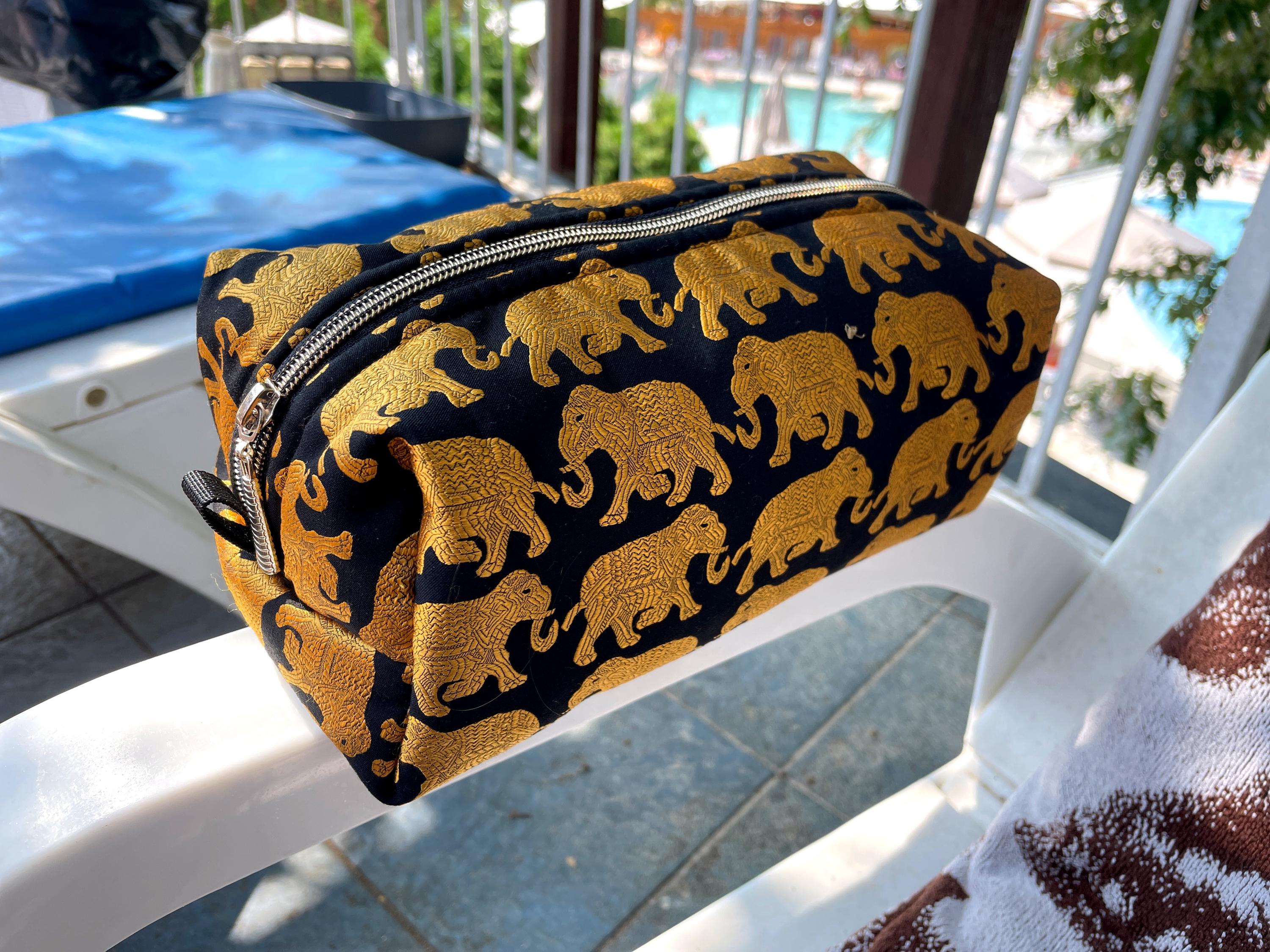 Boho Elephant Print Cosmetic Bag – Black and Gold – Travel Makeup Pouch – Indian Inspired Zipper Pouch – Gift for Her