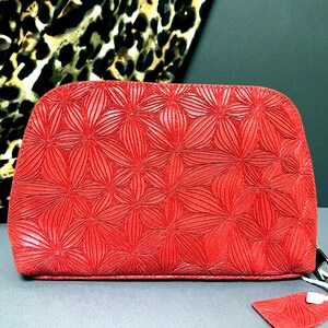 Borsa cosmetica in pelle da donna rossa / Borsa da polso / Astuccio per il trucco