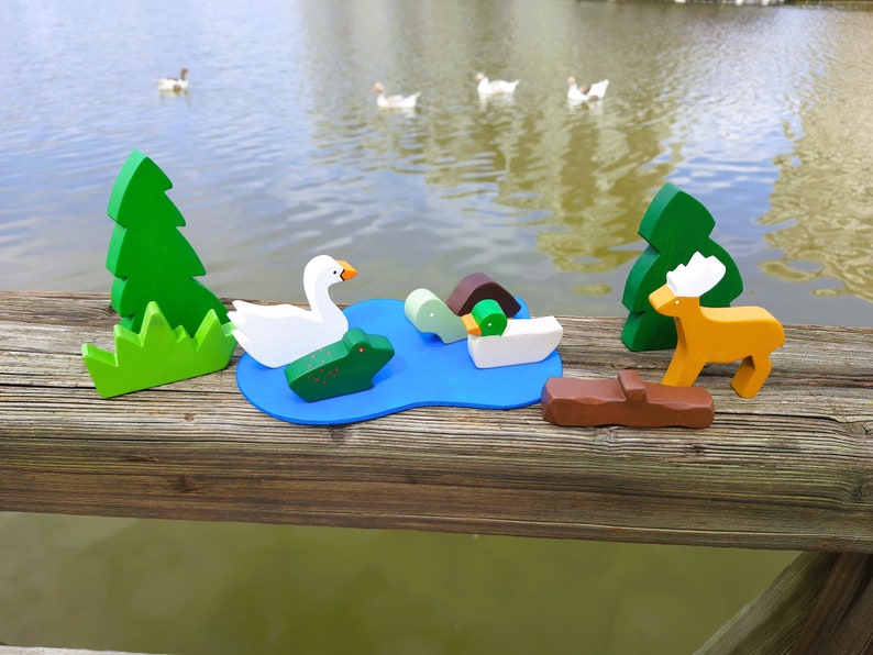 Woodland Animal Toys Wooden Animal Figurines Birthday Gift Toy for Kids Swan, Frog, Tortoise, Deer, Duck image 2