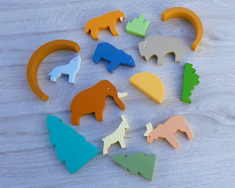Wooden Animal Toys Set Wooden Forest Animals Eco-Friendly Kids Toys Mammoth, Bison, Sabertooth, Deer and More image 9