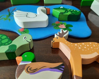 Juego de juguetes de animales del bosque de madera hechos a mano: regalo Montessori para niños pequeños