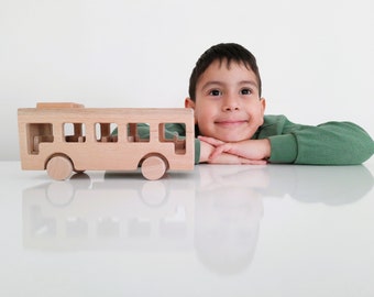 Eco-Friendly Wooden School Bus Toy - Handmade Bus Toy for Kids - Push and Pull Toy