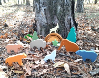 Wooden Animal Toys Set - Wooden Forest Animals - Eco-Friendly Kids Toys - Mammoth, Bison, Sabertooth, Deer and More