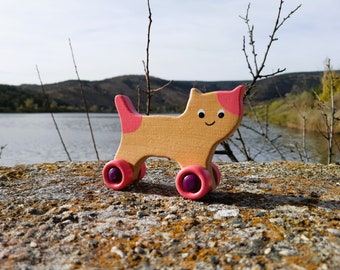 Wooden Cat Toy Wooden Animals Toy First Birthday Gift Wheel Animal