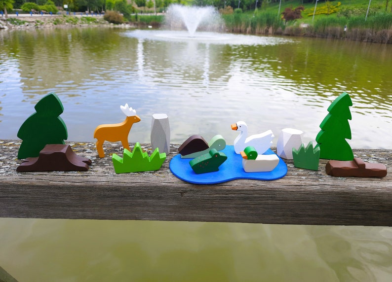 Woodland Animal Toys Wooden Animal Figurines Birthday Gift Toy for Kids Swan, Frog, Tortoise, Deer, Duck image 3