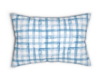 Decorative Lumbar Pillow - Blue and White Watercolor Check | Hamptons Style Decor | Gingham Home Accent | Light Blue Color Throw Pillow