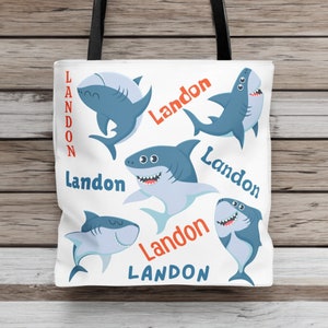 Custom Shark Bag Personalized with kid&#39;s Name, Customized Tote with Kid&#39;s Name, Canvas Bag, Shark Gift Idea, Shark Lover, Cute Shark Gift