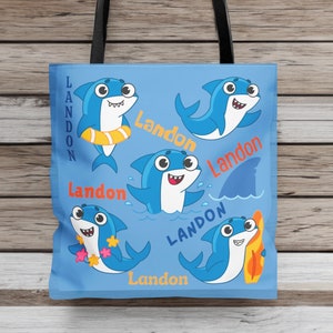 Custom Shark Bag Personalized with kid&#39;s Name, Customized Tote with Kid&#39;s Name, Canvas Bag, Shark Gift Idea, Shark Lover, Cute Shark Gift