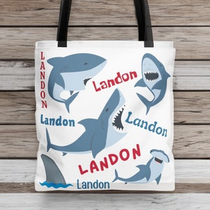 Custom Shark Bag Personalized with kid&#39;s Name, Customized Tote with Kid&#39;s Name, Canvas Bag, Shark Gift Idea, Shark Lover, Cute Shark Gift