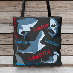 Custom Shark Bag Personalized with kid&#39;s Name, Customized Tote with Kid&#39;s Name, Canvas Bag, Shark Gift Idea, Shark Lover, Cute Shark Gift