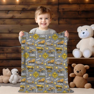 Couverture de construction personnalisée au nom de l&#39;enfant, chambre d&#39;enfant sur le thème de la construction, camion de travail, camion à benne basculante, couverture de pelle, cadeau pour bébé