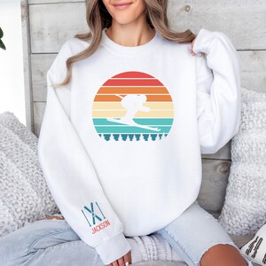 CUSTOM Skiing Crewneck Sweatshirt Personalized with Skier&#39;s Name on Sleeve, Retro Ski Sweatshirt for Snow Skier, Downhill Ski Lover Gift