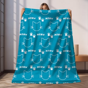 Cat Blanket, Cute Cat Blanket with Cat Outline, Paws, and Meow, Cozy Plush Blanket with Cat Design, Paw Print Cat Blanket, Cat Lover Gift