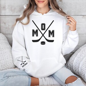 CUSTOM Hockey Mom Sweatshirt Personalized with Hockey Player&#39;s Number on Front & Name on Sleeve, Hoodie Sweatshirt, Hockey Lover, Hockey Mom