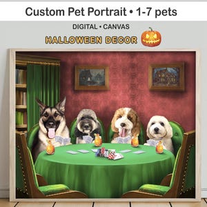 Peut inclure: Un portrait d'animaux personnalisé représentant quatre chiens assis autour d'une table ronde verte en train de jouer aux cartes. Les chiens sont dans une pièce au papier peint rouge, rideaux verts et deux cadres au mur. Chaque chien a une boisson.
